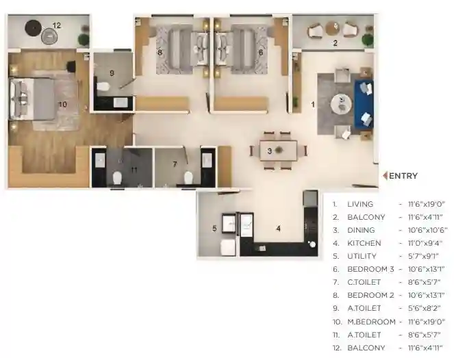 3BHK floor plan